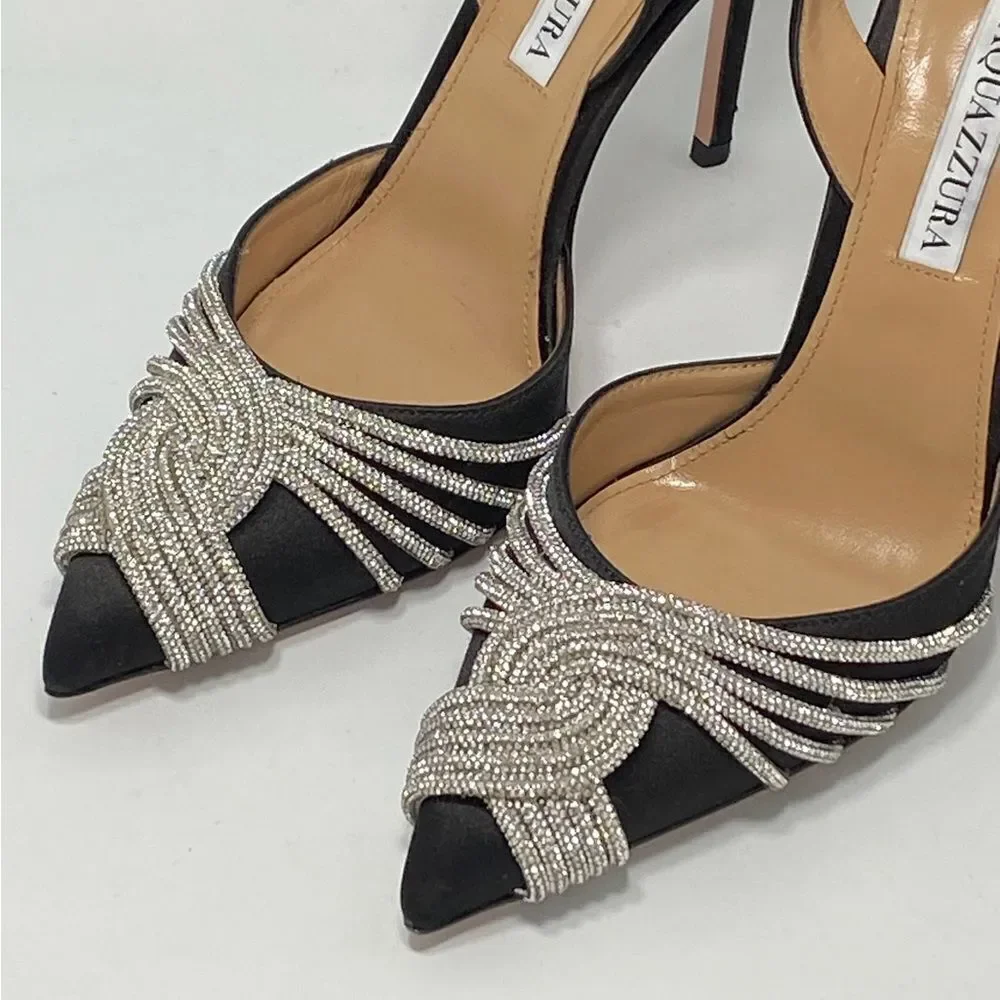 Aquazzura Gatsby Crystal-Embellished Satin Pumps size 37 - Picture 8 of 14